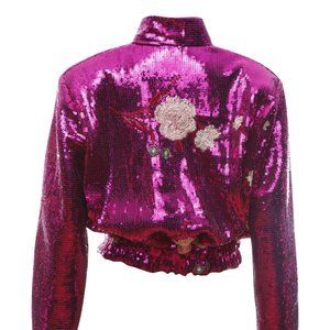 Cropped Bomber jacket in pink, flowers embroidery